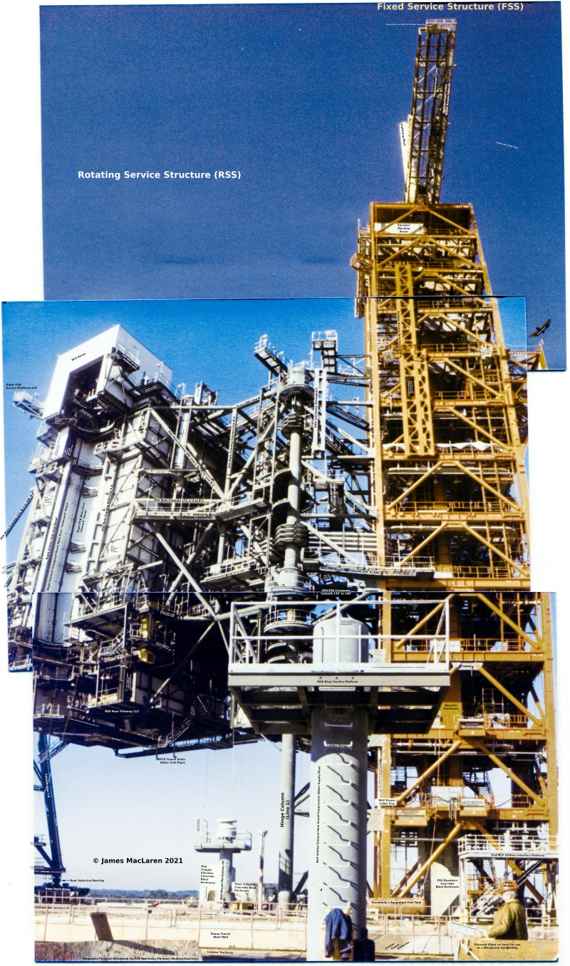 Image 045. Viewed from “ground level”, fifty feet above the surrounding wilderness of the Merritt Island Wildlife Refuge on the Pad Deck at Space Shuttle Launch Complex 39-B, Kennedy Space Center, Florida, the great towers of the Rotating Service Structure and Fixed Service Structure loom into the sky far above you. When swung around into the “Mate” position, the extreme far end of the RSS held up by the heavy iron of Column Line 7, a portion of which is visible above the Pad Deck to the far left, will wind up directly in front of you, just a couple of meters away, spanning the Flame Trench, a bit of which is visible along the bottom margin of the image. Photo and labels by James MacLaren.